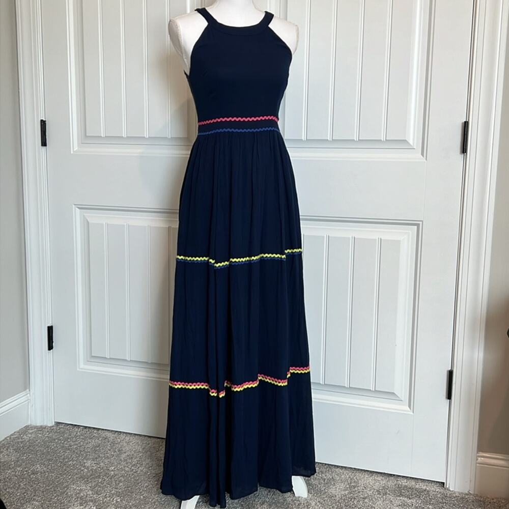 Modcloth Women's Size 2 XS Yes‎ to Festive Maxi Dress Navy Gauze RicRac Tiered - Picture 5 of 16